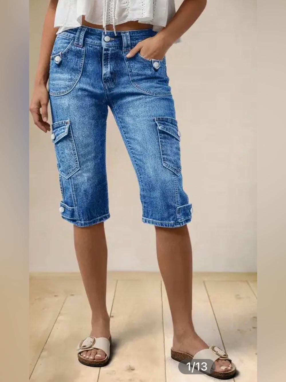 Flamingals Wash Flap Pocket Mid Rise Cargo Denim Bermuda Shorts